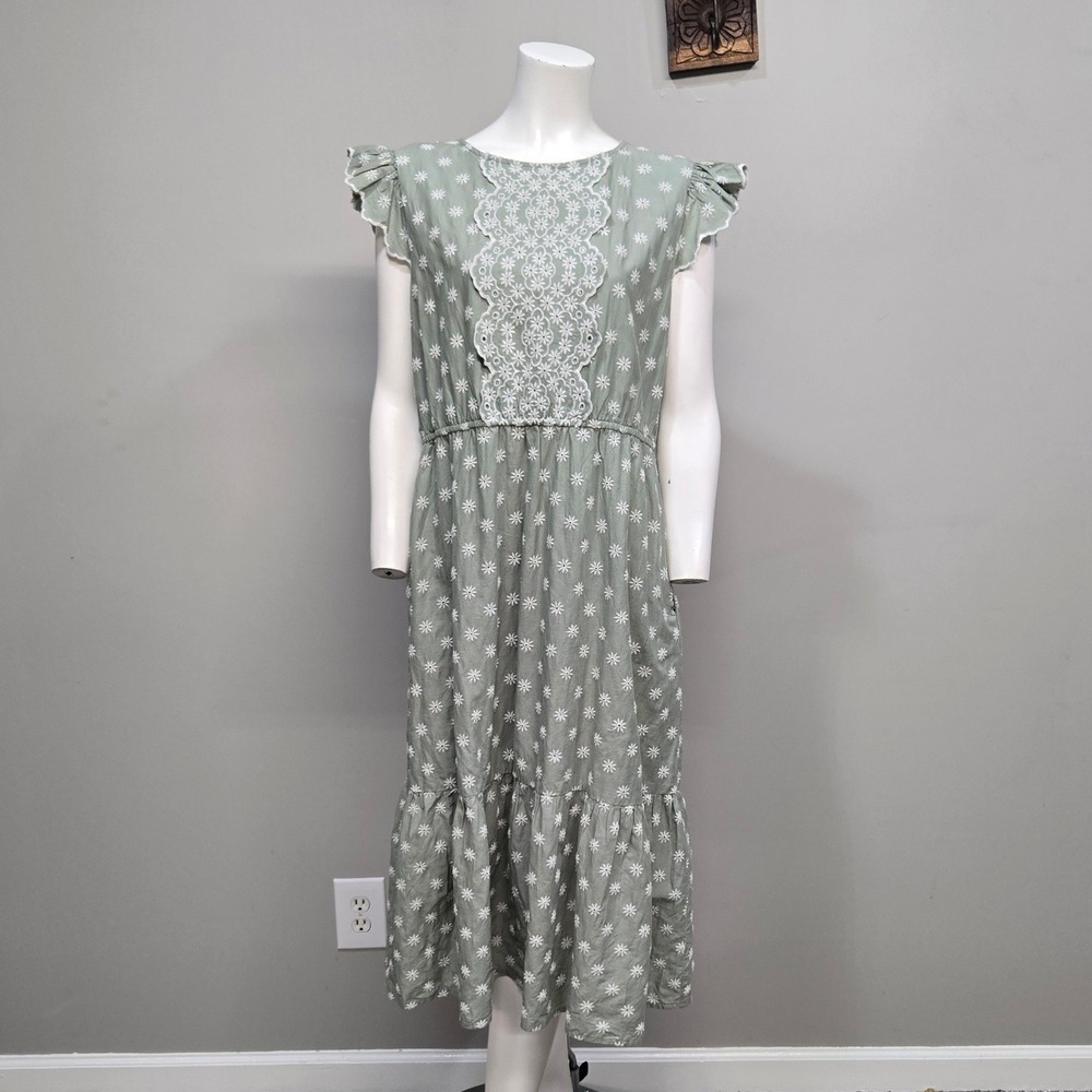Böhme‎ Midi Dress Large Sage Green Embroidered Daisy Ruffle Sleeve Cottagecore